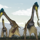 A group of giant azhdarchids foraging on a Cretaceous fern prairie, one with a juvenile titanosaur in its beak. Image: Mark Witton.